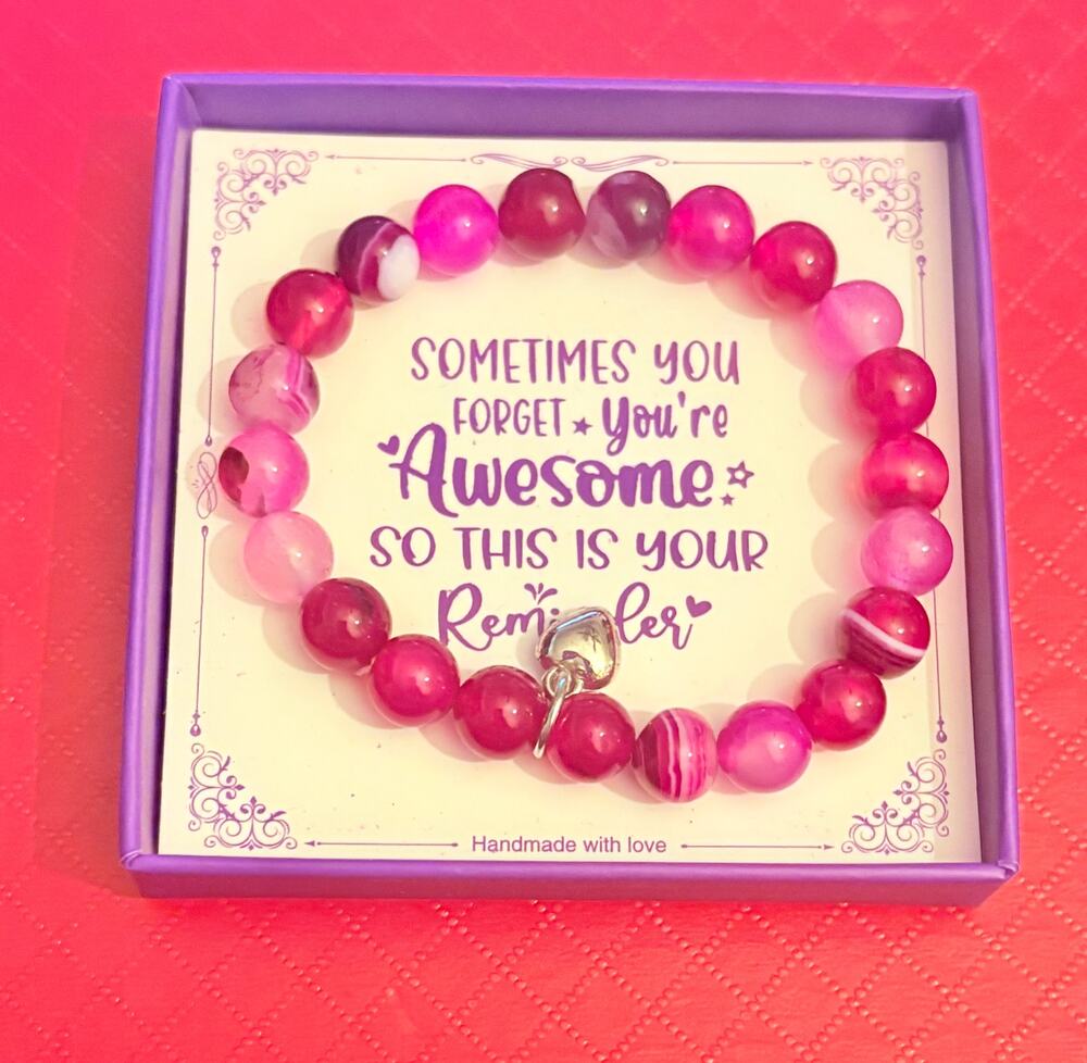 Pink Glass Bead Stretch Bracelet Heart Charm Gift Box